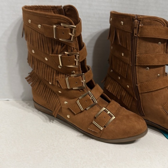 Fringe Buckle Suede Boots - Brown - Picture 2 of 14
